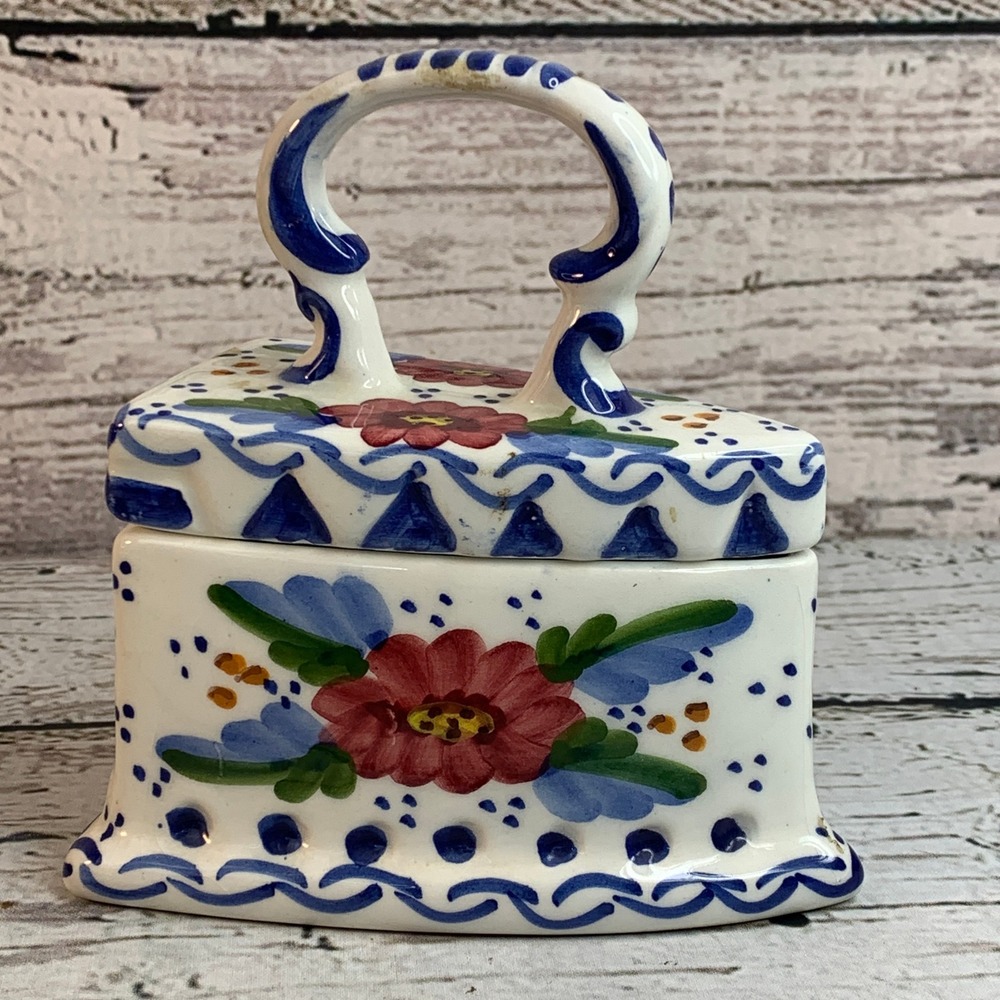 Vintage Ceramic Iron Form Trinket Box Hand Painted Floral Decor Storage